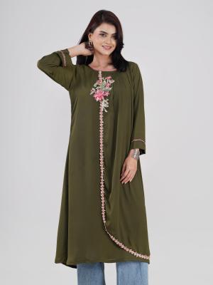 Long Tunic Elegant Floral Embroidered Long Kurti with Decorative Neck & Front Trim Premium ualQity