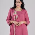 Long Tunic Elegant Floral Embroidered Long Kurti with Decorative Neck & Front Trim Premium ualQity