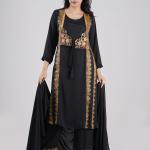 three-piece Set Long Open-Front Kurti with Sequence Embroidery Neckline, Screenprint Panel & Matching Pant & Dupatta  premium quality