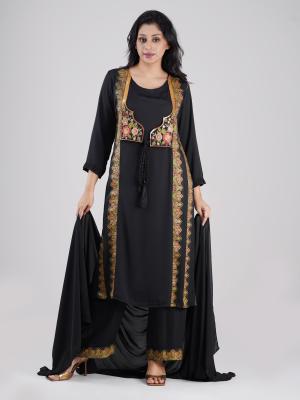 Exclusive Three-Piece Long Open-Front Kurti with Sequence Embroidery Neckline, Screenprint Panel & Matching Pant