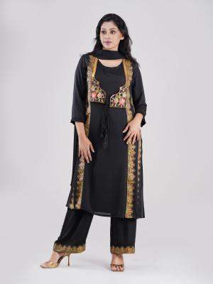 three-piece Set Long Open-Front Kurti with Sequence Embroidery Neckline, Screenprint Panel & Matching Pant & Dupatta  premium quality