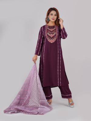 3-piece Straight Kurti with Screenprint Decorative & Embroidery Neck Panel & Matching Pant & printed dupatta