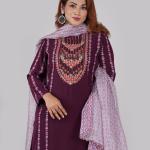 3-piece Straight Kurti with Screenprint Decorative & Embroidery Neck Panel & Matching Pant & printed dupatta
