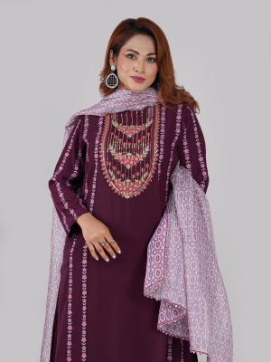 3-piece Straight Kurti with Screenprint Decorative & Embroidery Neck Panel & Matching Pant & printed dupatta
