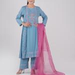 Three-Piece Set , Straight Kurti with Screenprint, Embroidery Neck Panel & Matching Pant & contrast dupatta
