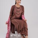 Exclusive Three-Piece Long Open-Front Kurti with Sequence Embroidery Neckline, Screenprint Panel & Matching Pant