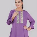 Ladyes Kurti Elegant one-piece dress with floral decorative embroidery lace detailing and stylish 3/4 flared sleeves with gathered cuffs