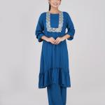 Ladyes Kurti Elegant one-piece dress with floral decorative embroidery lace detailing and stylish 3/4 flared sleeves with gathered cuffs