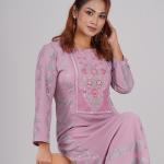Exclusive Three-Piece Long Open-Front Kurti with Sequence Embroidery Neckline, Screenprint Panel & Matching Pant